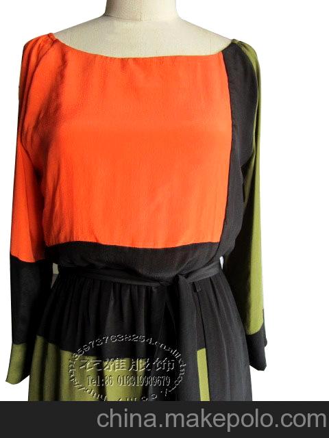 歐美外貿(mào)同款女裝圓領(lǐng)長(zhǎng)袖真絲雪紡撞色連衣裙slik dress