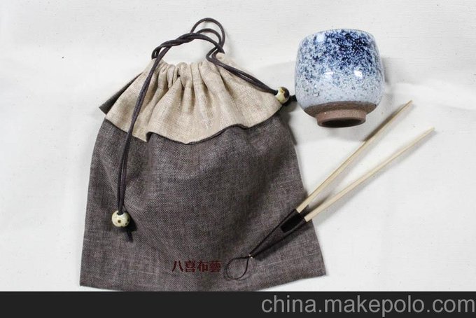 鄭州廠家 供應(yīng)精美茶具外包裝袋 +亞麻布抽線茶具袋圖片
