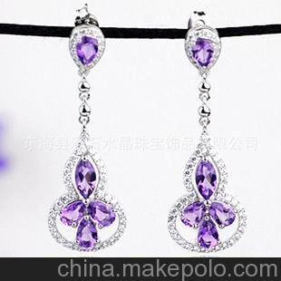 精品925銀鍍白金天然紫水晶葫蘆耳墜 水晶耳環(huán) 耳墜批發(fā) 耳墜圖片