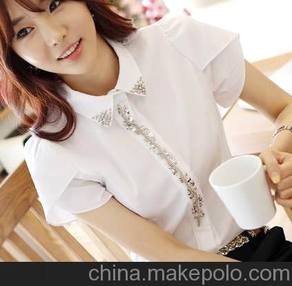2013春款女韓版OL氣質職業裝白色短袖立領修身襯衫上衣NB30B9523