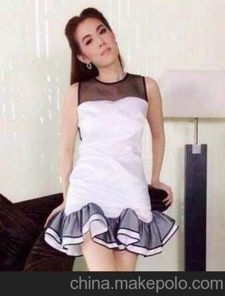 供應2014韓版新款優雅荷葉擺無袖淑女連衣裙