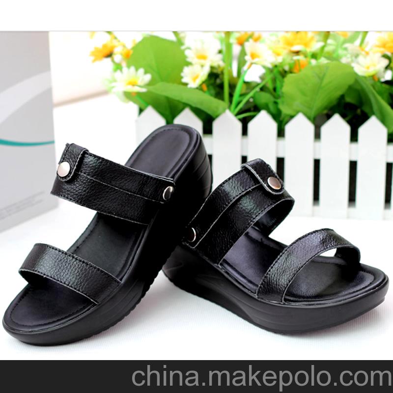 2013夏季真皮休闲女鞋摇摇鞋瘦身厚底松糕鞋防两穿平底凉鞋